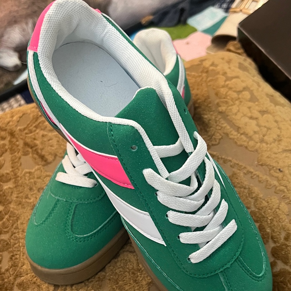 Green and Pink Sneakers with White Accents - Picture 2 of 3